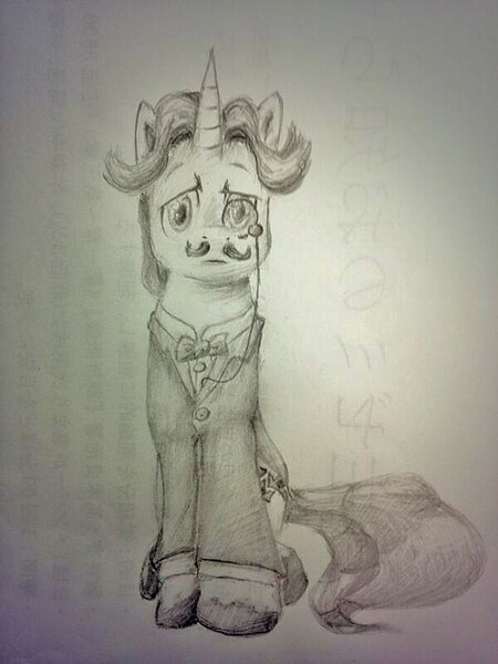 Size: 600x800 | Tagged: safe, artist:sasho1223, derpibooru import, fancypants, pony, unicorn, 2014, bowtie, clothes, g4, horn, image, jpeg, looking at you, male, monochrome, monocle, solo, stallion, tail, traditional art, unshorn fetlocks