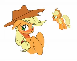 Size: 1829x1449 | Tagged: safe, artist:cheesesauce_45, derpibooru import, applejack, earth pony, pony, applejack's hat, blonde mane, blushing, colored, cowboy hat, cute, eyebrows, eyebrows visible through hair, eyelashes, female, flat colors, floppy ears, flustered, freckles, g4, green eyes, hat, image, jackabetes, jpeg, looking back, mare, open mouth, orange coat, ponytail, raised hoof, raised hooves, reference used, simple background, solo, stetson, tied mane, vector, white background, wingding eyes