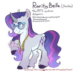 Size: 1584x1550 | Tagged: safe, artist:caffeinatedcarny, derpibooru import, rarity, pony, unicorn, alternate cutie mark, alternate universe, aromantic, asexual, bulimia, chubby, cloven hooves, coat markings, curved horn, disabled, eyeshadow, g4, glasses, gradient legs, gradient mane, headcanon, horn, image, intersex, leonine tail, lgbt, lgbt headcanon, lgbtq, makeup, measuring tape, pincushion, png, pots syndrome, redesign, simple background, solo, tail, unshorn fetlocks