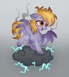 Size: 1227x1372 | Tagged: safe, artist:rozmed, derpibooru import, derpy hooves, pegasus, pony, the last roundup, burn marks, chest fluff, female, floppy ears, frazzled, g4, i just don't know what went wrong, image, jpeg, lightning, mare, open mouth, open smile, smiling, smoke, solo, spread wings, stormcloud, wings