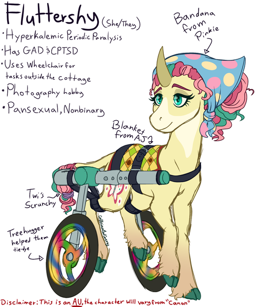 Size: 1436x1697 | Tagged: safe, artist:caffeinatedcarny, derpibooru import, fluttershy, pony, unicorn, alternate cutie mark, alternate design, alternate universe, bandana, blaze (coat marking), cloven hooves, coat markings, colored hooves, colored horn, curved horn, disabled, facial markings, g4, gradient legs, headcanon, horn, image, implied applejack, implied pinkie pie, implied tree hugger, implied treehugger, implied twilight sparkle, implied twilight twinkle, leonine tail, lgbt, lgbt headcanon, lgbtq, lidded eyes, mouthpiece, nonbinary, png, politics, pronouns, race swap, redesign, saddle blanket, scrunchie, simple background, smiling, solo, tail, twitterina design, unicorn fluttershy, unshorn fetlocks, wheelchair, white background