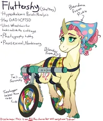 Size: 1436x1697 | Tagged: safe, artist:caffeinatedcarny, derpibooru import, fluttershy, pony, unicorn, alternate cutie mark, alternate universe, bandana, blaze (coat marking), cloven hooves, coat markings, colored hooves, colored horn, curved horn, disabled, facial markings, g4, gradient legs, headcanon, horn, image, implied applejack, implied pinkie pie, implied tree hugger, implied treehugger, implied twilight sparkle, implied twilight twinkle, leonine tail, lgbt, lgbt headcanon, lgbtq, lidded eyes, nonbinary, png, pronouns, race swap, redesign, saddle blanket, scrunchie, simple background, smiling, solo, tail, unicorn fluttershy, unshorn fetlocks, wheelchair, white background