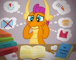 Size: 3300x2605 | Tagged: safe, artist:sweetielover, derpibooru import, smolder, dragon, atg 2024, book, clock, cream, dragoness, eraser, female, flag, flag of equestria, friendship student, g4, high res, image, newbie artist training grounds, paper, pencil, png, scale, simple background, solo, stressed, studying, test, thinking bubble, worried