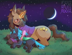 Size: 1700x1300 | Tagged: safe, artist:furufoo, derpibooru import, oc, oc:anonfilly, oc:changeling filly anon, changeling, horse, pony, unicorn, brush, clothes, cloven hooves, cute, cutie mark, ear piercing, earring, female, glasses, hairbrush, hooves, horn, image, jewelry, magic, moon, night, piercing, png, smiling, sweater