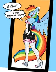 Size: 2550x3300 | Tagged: safe, artist:belaboy, derpibooru import, rainbow dash, anthro, pegasus, abstract background, ass, bedroom eyes, boots, breasts, butt, clothes, commission, cosplay, costume, evening gloves, eye clipping through hair, female, g4, gloves, high heel boots, high res, image, latex, latex gloves, latex suit, long gloves, looking back, mirror, open mouth, open smile, png, rainbow dash always dresses in style, rainbutt dash, reflection, rouge the bat costume, shoes, signature, smiling, solo, sonic the hedgehog (series), tail, tail hole, talking, wings