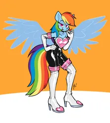 Size: 2950x3300 | Tagged: safe, artist:belaboy, derpibooru import, rainbow dash, anthro, pegasus, abstract background, bedroom eyes, boots, breasts, clothes, commission, cosplay, costume, evening gloves, female, g4, gloves, high heel boots, high res, image, latex, latex gloves, latex suit, long gloves, open mouth, open smile, png, rainbow dash always dresses in style, rouge the bat costume, shoes, smiling, solo, sonic the hedgehog (series), tail, wings