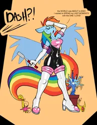 Size: 2550x3300 | Tagged: safe, artist:belaboy, derpibooru import, rainbow dash, anthro, pegasus, abstract background, boots, breasts, clothes, commission, cosplay, costume, dialogue, evening gloves, female, g4, gloves, high heel boots, high res, image, latex, latex gloves, latex suit, long gloves, offscreen character, open mouth, png, rainbow dash always dresses in style, rouge the bat costume, shoes, solo, sonic the hedgehog (series), tail, talking, text, wings