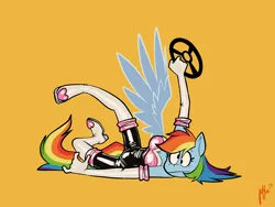 Size: 3400x2550 | Tagged: safe, artist:belaboy, derpibooru import, rainbow dash, anthro, pegasus, boots, breasts, clothes, commission, cosplay, costume, cross-eyed, evening gloves, female, g4, gloves, high heel boots, high res, image, latex, latex gloves, latex suit, long gloves, lying down, png, prone, rainbow dash always dresses in style, rouge the bat costume, shoes, simple background, solo, sonic the hedgehog (series), steering wheel, tail, wheel, wings