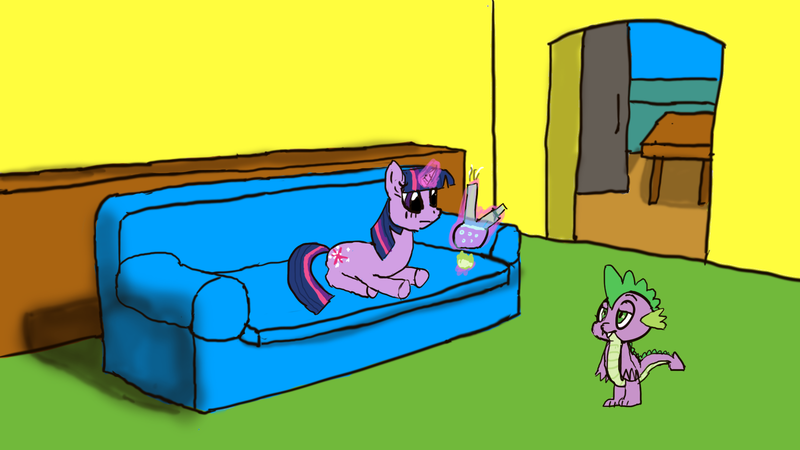 Size: 1920x1080 | Tagged: safe, derpibooru import, spike, twilight sparkle, dragon, pony, unicorn, atg 2024, bong, couch, crack, digital art, drugs, duo, duo male and female, family guy, female, g4, horn, image, living room, male, mare, newbie artist training grounds, png, reference, unamused, unicorn twilight