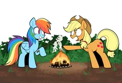 Size: 3750x2550 | Tagged: safe, artist:belaboy, derpibooru import, applejack, rainbow dash, rarity, earth pony, pegasus, pony, unicorn, campfire, female, food, food transformation, g4, horn, image, mare, marshmallow, png, raised hoof, rarity is a marshmallow, s'mores, stick, transformation, triality, trio