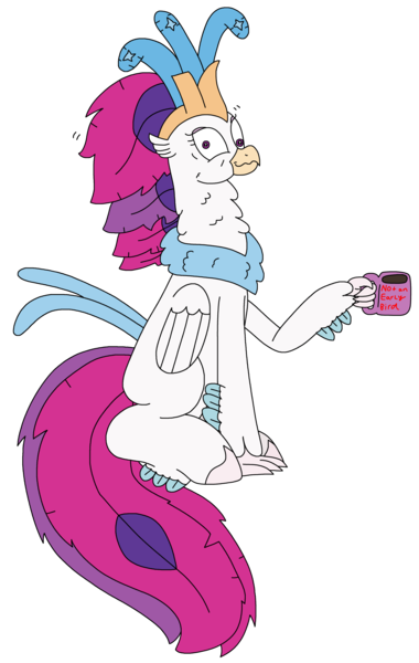 Size: 1887x2977 | Tagged: safe, artist:supahdonarudo, derpibooru import, queen novo, classical hippogriff, hippogriff, my little pony: the movie, atg 2024, coffee, coffee mug, cross-eyed, holding, image, insanity, mug, neck fluff, newbie artist training grounds, png, simple background, sitting, transparent background