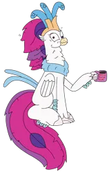 Size: 1887x2977 | Tagged: safe, artist:supahdonarudo, derpibooru import, queen novo, classical hippogriff, hippogriff, my little pony: the movie, atg 2024, coffee, coffee mug, cross-eyed, holding, image, insanity, mug, neck fluff, newbie artist training grounds, png, simple background, sitting, transparent background