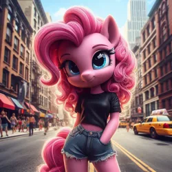 Size: 1024x1024 | Tagged: safe, ai content, derpibooru import, machine learning generated, pinkie pie, anthro, city, female, g4, image, jpeg, manhattan, new york city, prompter:pinkiepiepics, solo, street, taxi