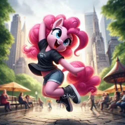 Size: 1024x1024 | Tagged: safe, ai content, derpibooru import, machine learning generated, pinkie pie, anthro, earth pony, central park, clothes, converse, female, g4, image, jpeg, jumping, new york city, prompter:pinkiepiepics, shirt, shoes, shorts, sneakers