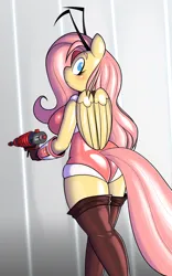 Size: 2500x4000 | Tagged: suggestive, artist:belaboy, derpibooru import, fluttershy, anthro, latex pony, original species, pegasus, rubber pony, antennae, ass, blushing, breasts, busty fluttershy, butt, choker, clothes, cute, female, flutterbutt, folded wings, g4, gloves, image, latex, looking over shoulder, png, raygun, rubber, shiny, shy, shyabetes, simple background, socks, solo, thigh highs, wings, wrong eye color, zettai ryouiki
