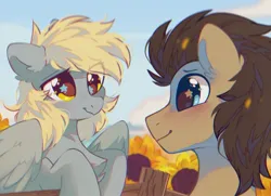 Size: 1469x1061 | Tagged: safe, artist:mirtash, derpibooru import, derpy hooves, doctor whooves, time turner, earth pony, pegasus, pony, big eyes, blonde mane, blue eyes, blushing, brown coat, brown mane, chest fluff, cloud, colored, countershading, cute, day, derpabetes, detailed background, doctorbetes, duo, duo male, ear fluff, eye clipping through hair, eyelashes, female, fence, flower, flower field, g4, gray coat, image, jpeg, lidded eyes, looking at each other, looking at someone, male, mare, missing accessory, outdoors, partially open wings, raised hoof, raised hooves, shiny eyes, shiny mane, ship:doctorderpy, shipping, sky, smiling, smiling at each other, stallion, starry eyes, straight, sunflower, wavy mouth, wing fluff, wingding eyes, wings, wooden fence