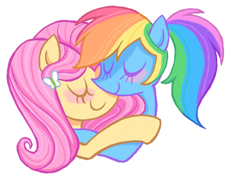 Size: 1720x1324 | Tagged: safe, artist:mewnikitty, derpibooru import, fluttershy, rainbow dash, ponified, pegasus, pony, alternate hairstyle, blushing, brown eyelashes, bust, butterfly hairpin, colored eyelashes, duo, duo female, equestria girls ponified, eyes closed, female, flutterdash, g4, hairclip, hug, image, lesbian, mare, png, ponytail, purple eyelashes, shipping, simple background, smiling, tied mane, white background, yellow eyelashes