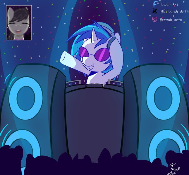 Size: 2048x1902 | Tagged: safe, artist:eltrash_art6, artist:trash-art06, derpibooru import, octavia melody, vinyl scratch, earth pony, pony, unicorn, crowd, duo, duo female, female, grin, headphones, horn, image, jpeg, lesbian, mare, meme, music, open mouth, scratchtavia, screaming, screaming fan meme, shipping, smiling, subwoofer, turntable, vinyl's glasses