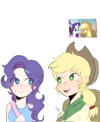 Size: 1677x2048 | Tagged: safe, artist:eltrash_art6, artist:trash-art06, derpibooru import, applejack, rarity, human, alternate hairstyle, applejack's hat, bag, blushing, clothes, cowboy hat, duo, duo female, female, hat, humanized, image, jpeg, lesbian, looking at each other, looking at someone, open mouth, rarijack, screencap reference, shipping, shirt, simple background, tanktop, white background