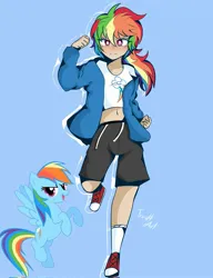 Size: 1571x2048 | Tagged: safe, artist:eltrash_art6, artist:trash-art06, derpibooru import, rainbow dash, human, pegasus, pony, alternate hairstyle, belly button, clothes, converse, g4, grin, hoodie, humanized, image, jpeg, midriff, multicolored hair, ponytail, rainbow hair, shirt, shoes, shorts, smiling, socks, solo, sports shorts, t-shirt, white pupils