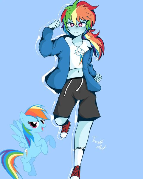 Size: 1080x1350 | Tagged: safe, alternate version, artist:eltrash_art6, artist:trash-art06, derpibooru import, rainbow dash, pegasus, pony, equestria girls, alternate hairstyle, belly button, clothes, converse, g4, grin, hoodie, image, jpeg, midriff, multicolored hair, ponytail, rainbow hair, shirt, shoes, shorts, smiling, socks, solo, sports shorts, t-shirt, white pupils