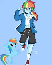 Size: 1080x1350 | Tagged: safe, alternate version, artist:eltrash_art6, artist:trash-art06, derpibooru import, rainbow dash, pegasus, pony, equestria girls, alternate hairstyle, belly button, clothes, converse, g4, grin, hoodie, image, jpeg, midriff, multicolored hair, ponytail, rainbow hair, shirt, shoes, shorts, smiling, socks, solo, sports shorts, t-shirt, white pupils