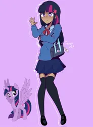 Size: 1504x2048 | Tagged: safe, artist:eltrash_art6, artist:trash-art06, derpibooru import, twilight sparkle, twilight sparkle (alicorn), alicorn, human, pony, clothes, dark skin, female, g4, humanized, image, jpeg, mare, miniskirt, outline, purple background, purse, simple background, skirt, socks, solo, thigh highs, thigh socks, white pupils