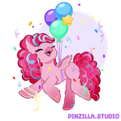 Size: 640x640 | Tagged: safe, artist:pinzillastudio, derpibooru import, oc, unofficial characters only, classical hippogriff, hippogriff, balloon, confetti, eyes closed, female, floating, fusion, fusion:pinkie pie, fusion:pinkiestream, fusion:silverstream, g4, hippogriff oc, image, open mouth, open smile, png, simple background, small wings, smiling, solo, stars, white background, wings