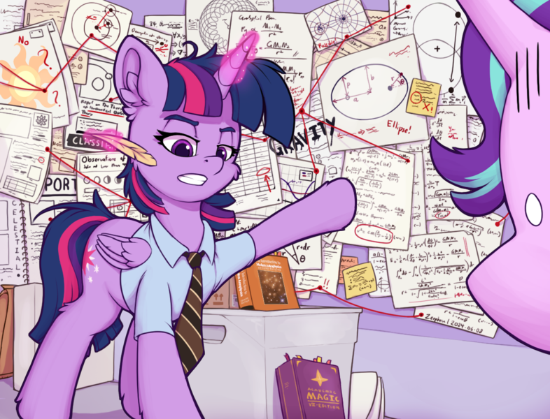 Size: 1200x916 | Tagged: safe, artist:zeepheru_pone, derpibooru import, starlight glimmer, twilight sparkle, alicorn, pony, unicorn, g4, atg 2024, book, clothes, conspiracy board, conspiracy theory, duo, female, horn, image, it's always sunny in philadelphia, mare, math, meme, necktie, newbie artist training grounds, paper, png, ponified meme, quill, shirt