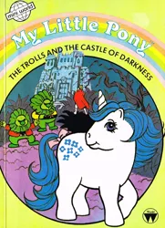 Size: 724x1000 | Tagged: safe, derpibooru import, official, majesty, pony, unicorn, g1, book, book cover, bow, castle, cover, female, female focus, horn, image, jpeg, mare, solo focus, tail, tail bow, the trolls and the castle of darkness, troll (fantasy)