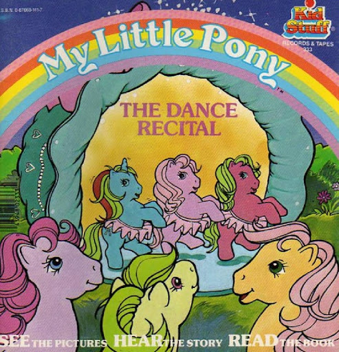 Size: 493x512 | Tagged: safe, derpibooru import, official, cotton candy (g1), heart throb, posey, ribbon (g1), earth pony, pegasus, pony, unicorn, g1, book, book cover, clothes, cover, female, horn, image, jpeg, mare, stage, the dance recital, tutu