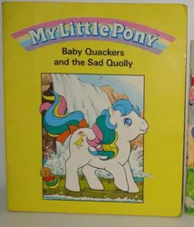 Size: 296x346 | Tagged: safe, derpibooru import, official, baby quackers, earth pony, pony, g1, baby quackers and the sad quolly, book, book cover, bow, cover, female, filly, foal, image, jpeg, solo, tail, tail bow, water, waterfall