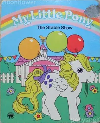 Size: 400x493 | Tagged: safe, derpibooru import, official, surprise, pegasus, pony, g1, balloon, book, book cover, bow, cover, female, flower, image, jpeg, mare, solo, stable, tail, tail bow, the stable show