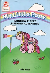 Size: 356x516 | Tagged: safe, derpibooru import, official, streaky, pony, unicorn, book, book cover, bow, cover, female, flower, horn, image, jpeg, mare, rainbow curl pony, rainbow rider's birthday adventure, solo, tail, tail bow, telescope