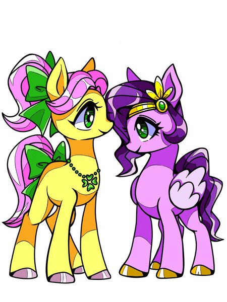 Size: 1200x1600 | Tagged: safe, artist:stacy_165cut, derpibooru import, pipp petals, posey (g5), earth pony, pegasus, pony, g5, bow, colored, colored hooves, colored wings, countershading, duo, duo female, eyelashes, facing each other, female, folded wings, gold hooves, green bow, green eyes, hair bow, headpiece, height difference, hooves, image, jewelry, jpeg, looking at each other, looking at someone, mare, missing cutie mark, necklace, pink coat, pink mane, pink tail, pink wings, ponytail, profile, purple hooves, purple mane, purple tail, shiny eyes, shiny hooves, shiny mane, shiny tail, short mane, simple background, smiling, smiling at each other, standing, tail, tail bow, tied mane, wavy mane, wavy tail, white background, wingding eyes, wings, yellow coat, yellow hooves