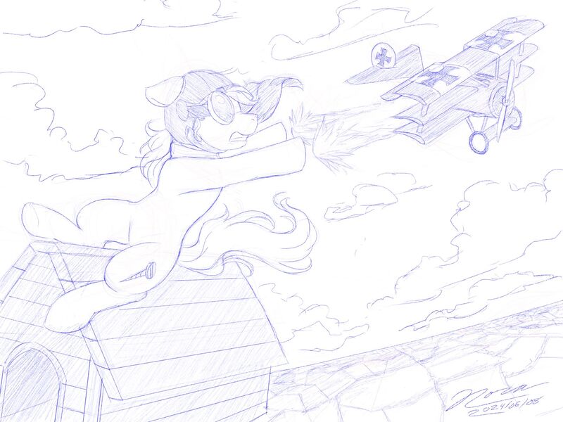 Size: 1920x1440 | Tagged: safe, artist:novaintellus, derpibooru import, screw loose, earth pony, pony, aviator goggles, aviator hat, dogfight, doghouse, female, g4, goggles, hat, image, jpeg, looking back, mare, monochrome, peanuts (comic), plane, red baron, sitting, sopwith camel, traditional art, ww1 flying ace