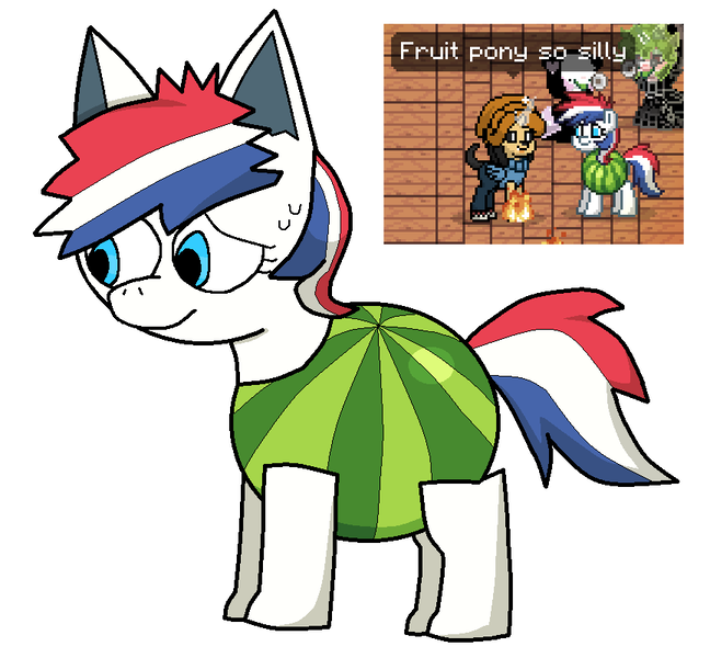 Size: 864x800 | Tagged: safe, artist:elianrandomworks, derpibooru import, oc, oc:fruitpony, earth pony, pony, pony town, fruit, image, parappa the rapper, png, simple background, solo, white background