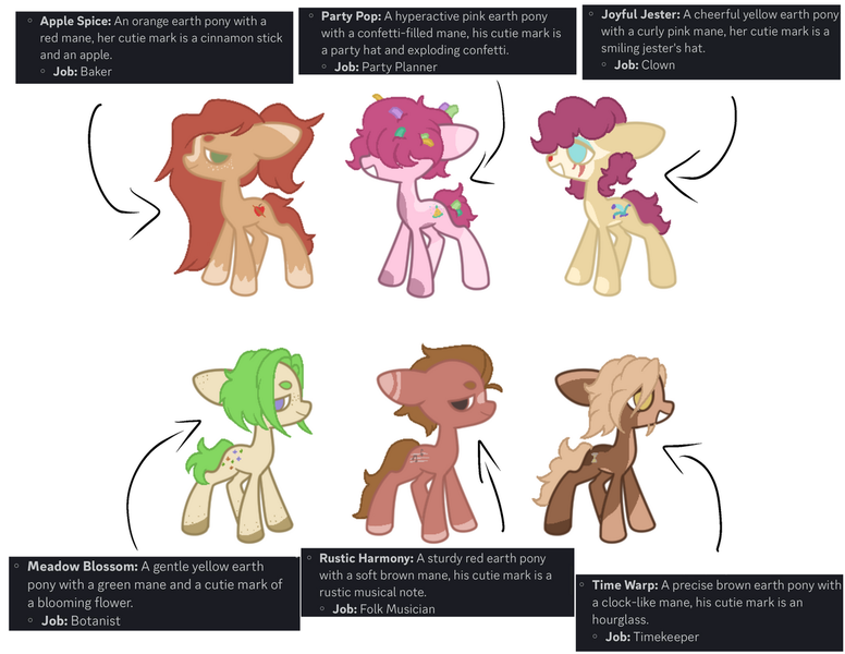 Size: 1280x990 | Tagged: safe, artist:cementchip, derpibooru import, oc, oc:apple spice, oc:joyful jester, oc:meadow blossom, oc:party pop, oc:rustic harmony, oc:time warp, unofficial characters only, earth pony, pony, base used, blaze (coat marking), clown makeup, coat markings, confetti, confetti in mane, facial markings, freckles, hair over eyes, image, offspring, pale belly, parent:applejack, parent:big macintosh, parent:caramel, parent:cheese sandwich, parent:derpy hooves, parent:doctor whooves, parent:fluttershy, parent:pinkie pie, parents:carajack, parents:cheesepie, parents:doctorderpy, parents:fluttermac, png, simple background, socks (coat marking), text, white background