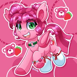 Size: 4000x4000 | Tagged: safe, artist:partypievt, derpibooru import, oc, ponified, bat pony, pony, bat pony oc, bat wings, care bears, cat eyes, choker, clothes, fangs, food, hooves, image, looking at you, png, ribbon, slit eyes, slit pupils, smiling, smiling at you, socks, solo, strawberry, streamer, thigh highs, wings