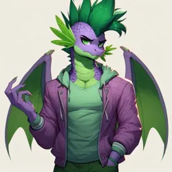 Size: 468x468 | Tagged: safe, ai content, derpibooru import, machine learning generated, spike, anthro, dragon, clothes, g4, image, jacket, jpeg, looking at you, male, older, older spike, open clothes, open jacket, solo, winged spike, wings