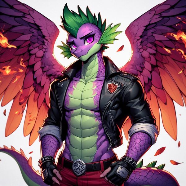 Size: 1024x1024 | Tagged: safe, ai content, derpibooru import, machine learning generated, spike, oc, anthro, clothes, feathered wings, fingerless gloves, fusion, g4, gloves, image, jacket, jpeg, leather, leather jacket, male, open clothes, open jacket, photo, solo, wings