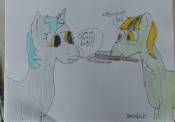 Size: 3333x2332 | Tagged: safe, artist:blackblade360, derpibooru import, oc, oc:grassy shot, oc:heartbeat, earth pony, pony, unicorn, fallout equestria, atg 2024, axe, colored pencil drawing, cyan mane, drugs, earth pony oc, female, gray coat, green coat, horn, image, insanity, irl, jpeg, male, mare, mare oc, newbie artist training grounds, oc duo, paper, photo, question, rage, signature, stallion, stallion oc, talking, traditional art, two toned mane, unicorn oc, weapon, yellow eyes