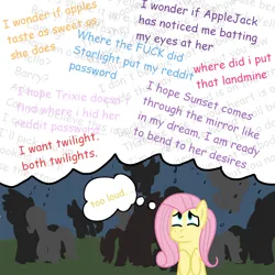 Size: 2000x2000 | Tagged: safe, artist:zoeyhorse, derpibooru import, fluttershy, pegasus, pony, female, frown, image, implied applejack, implied lesbian, implied rarijack, implied rarity, implied shipping, implied starlight glimmer, implied sunset shimmer, implied sunsetsparkle, implied trixie, implied twilight sparkle, looking up, mare, mind reading, png, solo focus, thought bubble