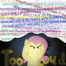 Size: 2000x2000 | Tagged: safe, artist:zoeyhorse, derpibooru import, fluttershy, pegasus, pony, airplanes (song), crying, eyes closed, female, frown, holding head, image, mare, mind reading, png, solo, thought bubble