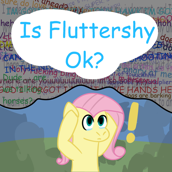 Size: 2000x2000 | Tagged: safe, artist:zoeyhorse, derpibooru import, fluttershy, pegasus, pony, bust, crying, exclamation point, female, holding head, image, implied rainbow dash, mare, mind reading, png, solo, thought bubble