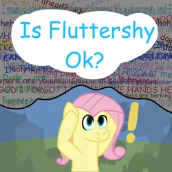 Size: 2000x2000 | Tagged: safe, artist:zoeyhorse, derpibooru import, fluttershy, pegasus, pony, bust, crying, exclamation point, female, holding head, image, implied rainbow dash, mare, mind reading, png, solo, thought bubble