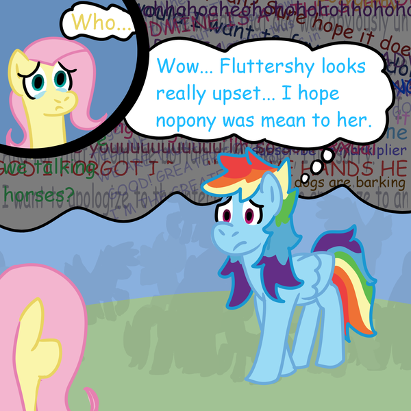 Size: 2000x2000 | Tagged: safe, artist:zoeyhorse, derpibooru import, fluttershy, rainbow dash, pegasus, pony, crying, duo focus, female, frown, image, mare, mind reading, png, silhouette, thought bubble