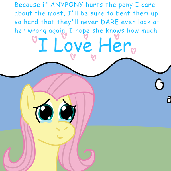 Size: 2000x2000 | Tagged: safe, artist:zoeyhorse, derpibooru import, fluttershy, pegasus, pony, big eyes, bust, female, image, implied flutterdash, implied lesbian, implied rainbow dash, implied shipping, mare, offscreen character, png, smiling, solo, teary eyes, thought bubble