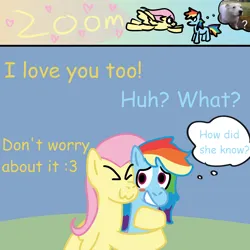 Size: 2000x2000 | Tagged: safe, artist:zoeyhorse, derpibooru import, fluttershy, rainbow dash, dog, pegasus, pony, dialogue, duo, duo female, eyes closed, female, flutterdash, hug, image, lesbian, mare, mind reading, png, shipping, tackle hug, thought bubble