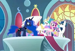 Size: 4000x2712 | Tagged: safe, derpibooru import, screencap, princess cadance, princess celestia, princess flurry heart, princess luna, shining armor, alicorn, pony, unicorn, alicorn triarchy, canterlot castle, concave belly, female, g4, horn, image, jpeg, royal sisters, siblings, sisters, slender, thin, throne, throne room